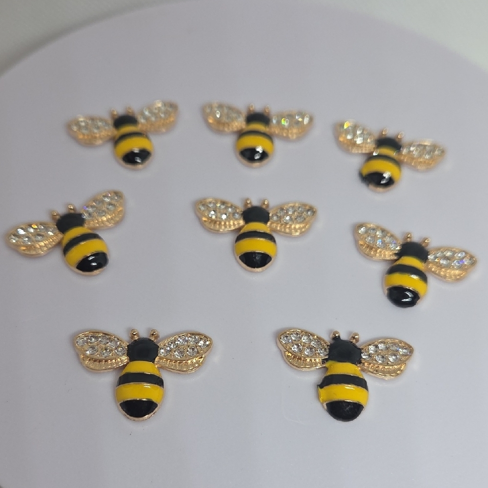 Bumble Bee Enamel and Rhinestone Charms. Eight Bees.
